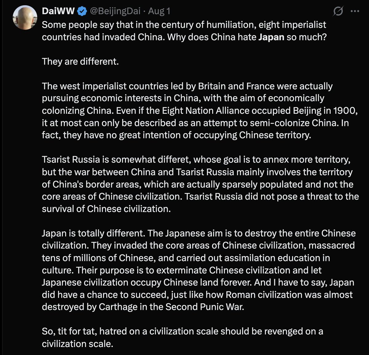 Acho que o motivo da raiva generalizada dos chineses em relação à Segunda Guerra Mundial é simples: o Japão tentou exter