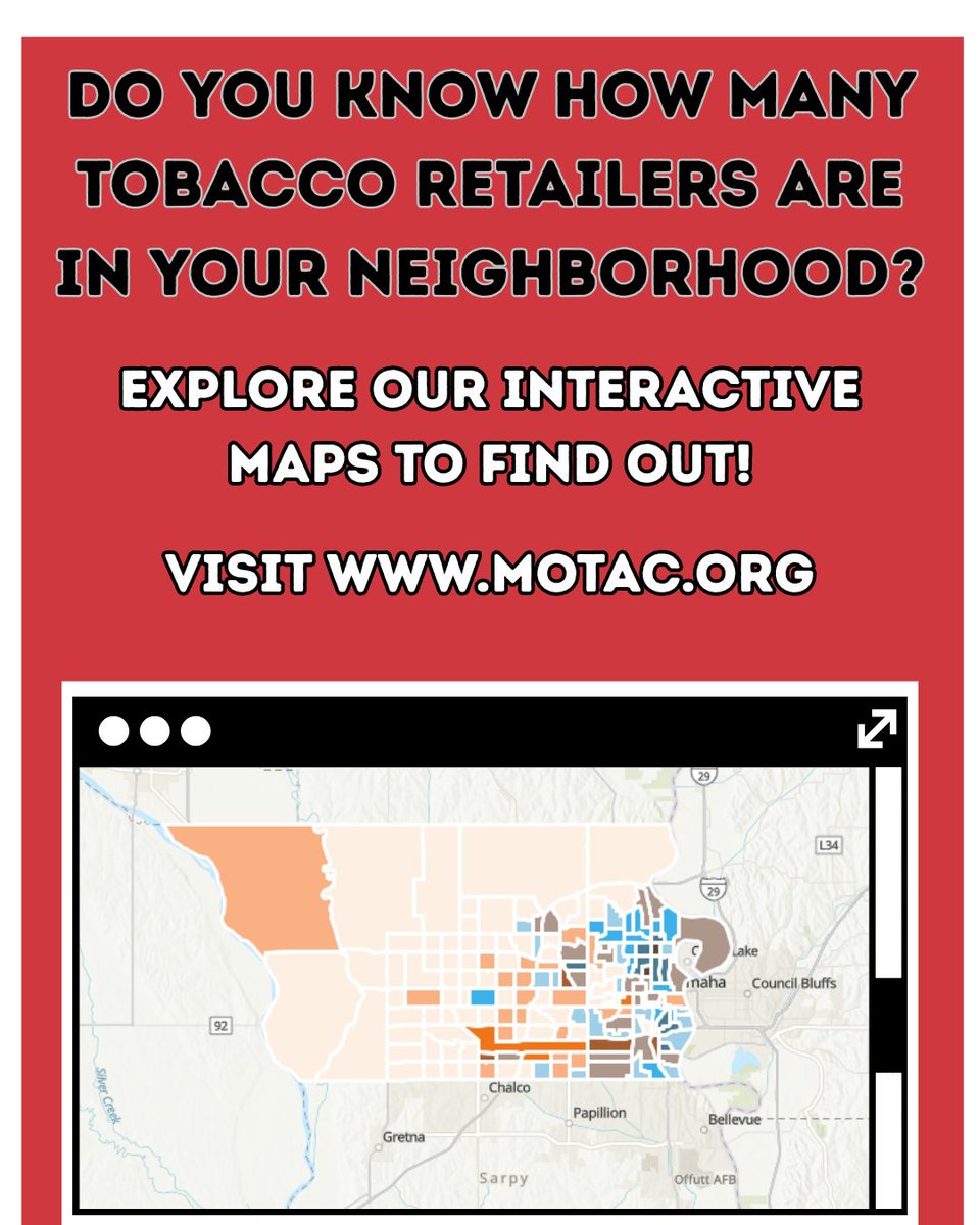 motac's tweet image. Did you know that areas with many tobacco retailers have higher rates of smoking? Visit motac.org to interact with our maps and see what the tobacco retailer environment looks like where you live, work, or play.

#MOTAC #InteractiveMaps