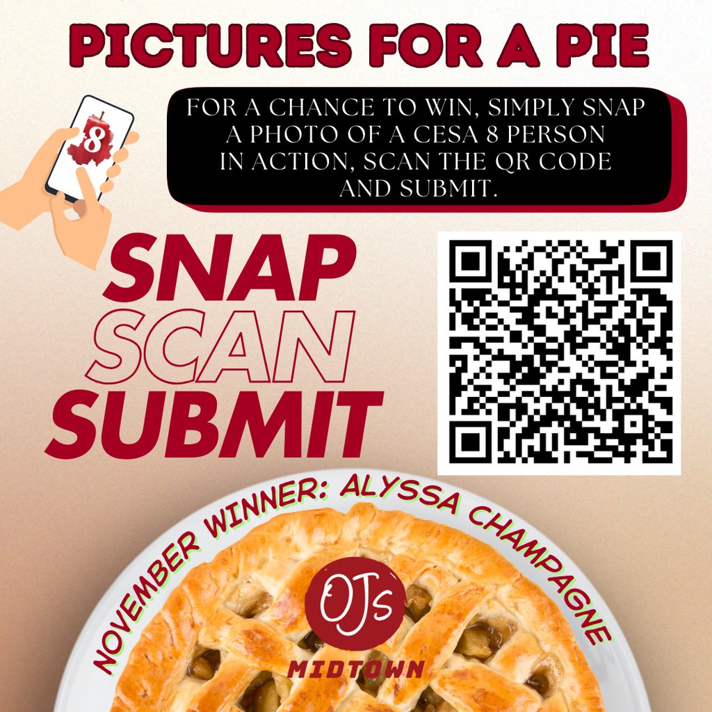 We have a winner!  The November Picture for a Pie goes to Alyssa Champagne from Coleman! 🎉 Don’t stop now—submit photos of CESA 8 staff in action for your chance at an OJ’s pie of your own! 📷
