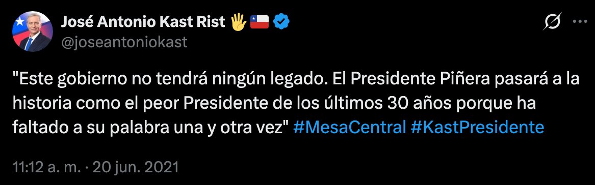 fotohistoriacl's tweet image. 20 de junio de 2021, José Antonio Kast señala que Piñera pasaría a la historia como "EL PEOR PRESIDENTE DE LOS ÚLTIMOS 30 AÑOS"