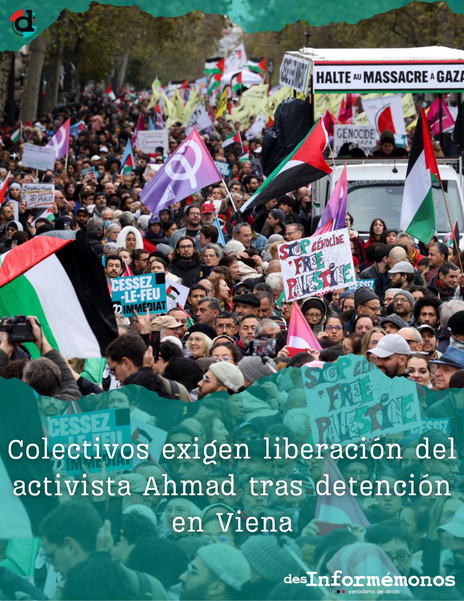 Desinformemonos's tweet image. #Viena ✊| Grupos e individuos solidarios con Palestina denunciaron que el activista Ahmad permanece detenido desde el 29 de noviembre en Viena, donde la policía lo arrestó durante la manifestación masiva “Libertad para Palestina” buff.ly/QvQqES1