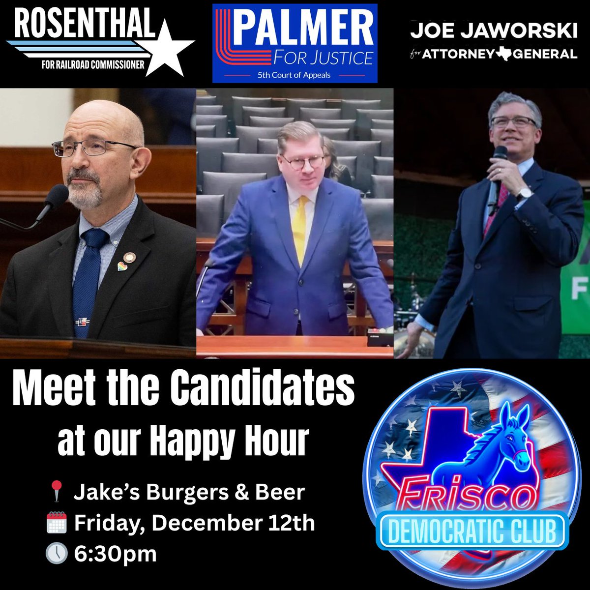 FreyForTexas's tweet photo. We got 3 special guests from out of town for you to meet this Friday, so come join us! 💪
👉 Joe Jaworski
👉 Nicholas Palmer
👉 Rep. Jon Rosenthal
This is also a nice way to meet like minded Dems in our area!
🕡 6:30pm CST
🗓 Dec 12th
RSVP &amp; More Info: 🔗 https://t.co/rdWzH7ZFJs https://t.co/RNTau3F7L6