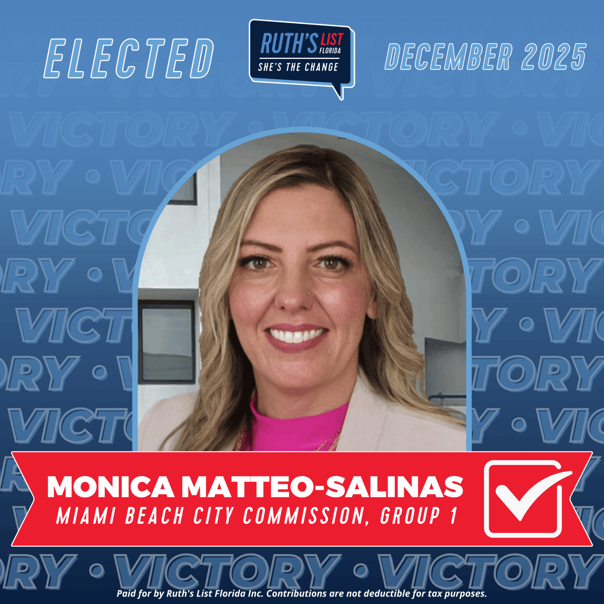 RuthsListFL's tweet photo. VICTORY in Miami Beach! @votemonicamatteosalinas has decisively won her race for Miami Beach City Commission, Group 1. Please join us in congratulating the Commissioner-Elect! #ShesTheChange https://t.co/FQtajXuUzm