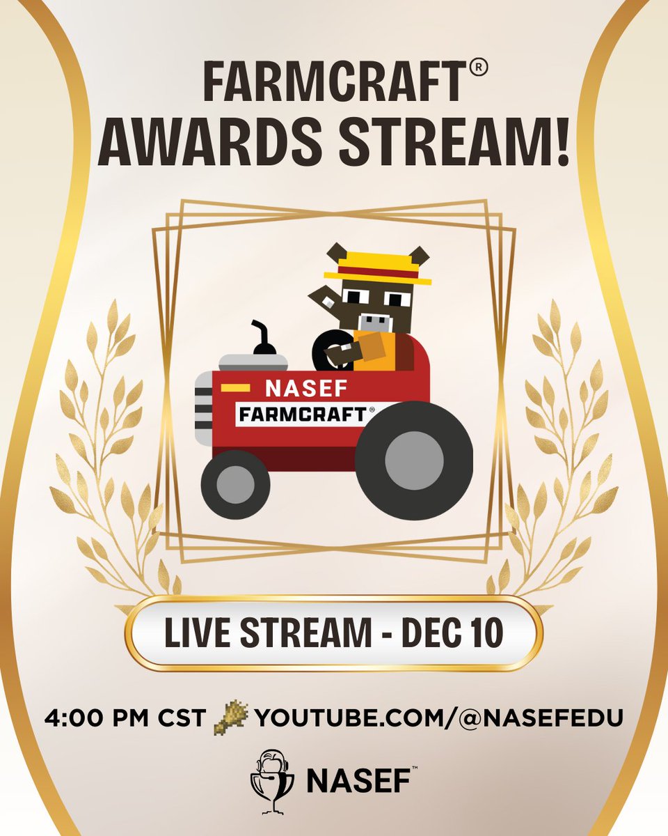 It's time to find out the winners of the 2025 NASEF Farmcraft®: Land Demand!! Join us tomorrow for the livestream! Wednesday, December 10, 2025 4:00 PM CST

Livestream on Youtube: youtube.com/live/cvPsrDXgV…

#Farmcraft #minecraft #scholasticesports #esportsedu <a href="/cleverlike/">Cleverlike Studios</a>