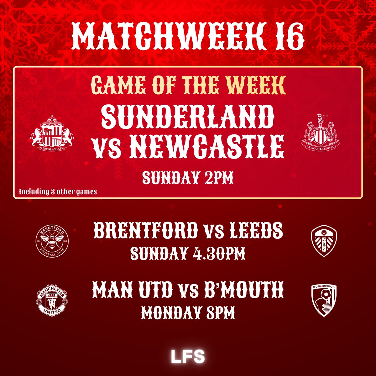 LFStreams2's tweet image. ☃️Another busy weekend in the Premier League on LFS!!

⚪️First Tyne-Wear league derby since 2016
⚪️A bottom half battle at the Gtech
⚪️Cherries travel to Old Trafford

Join us on YouTube for live watchalong commentaries plus game updates and analysis!

#PremierLeague #LFS