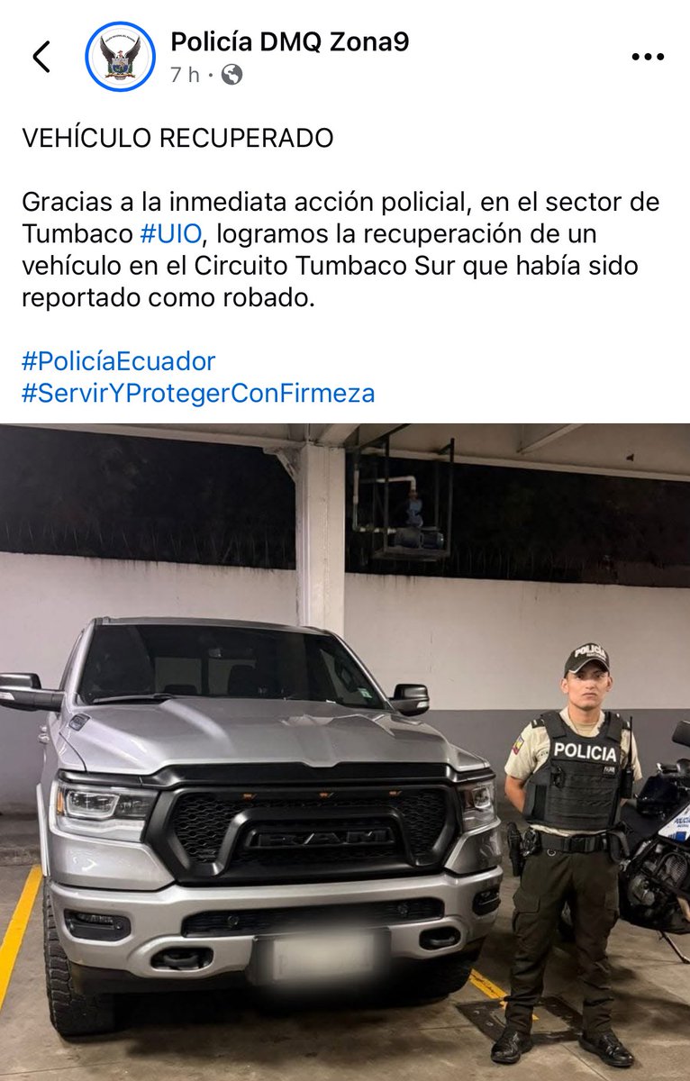 La tarde de este martes, 09 de diciembre, la Policía logró recuperar un vehículo reportado como robado en el distrito Tumbaco Sur. Así lo informó mediante sus redes sociales.