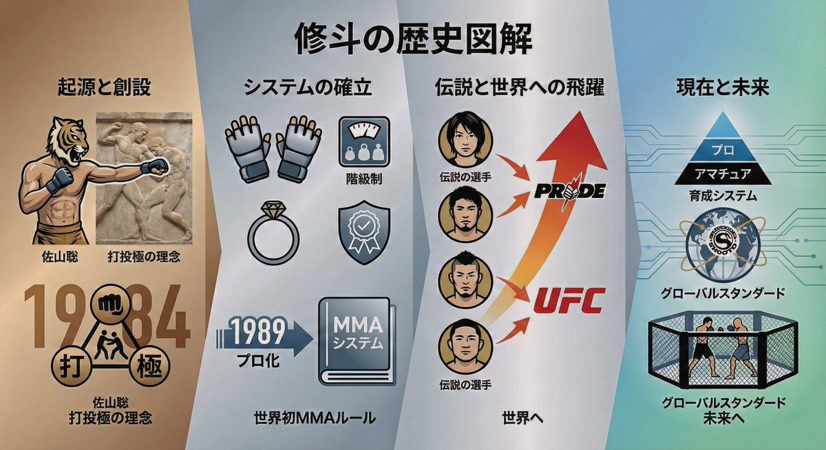 CageSideNote's tweet image. 【現代MMAの原点超簡略版】　
修斗の歴史🤼

🔸1984年 創設: 佐山聡による「打・投・極」の理念
🔸システム確立: 世界初のMMAルール、階級制導入
🔸世界への飛躍: 伝説の選手たちがPRIDE、UFCへ…