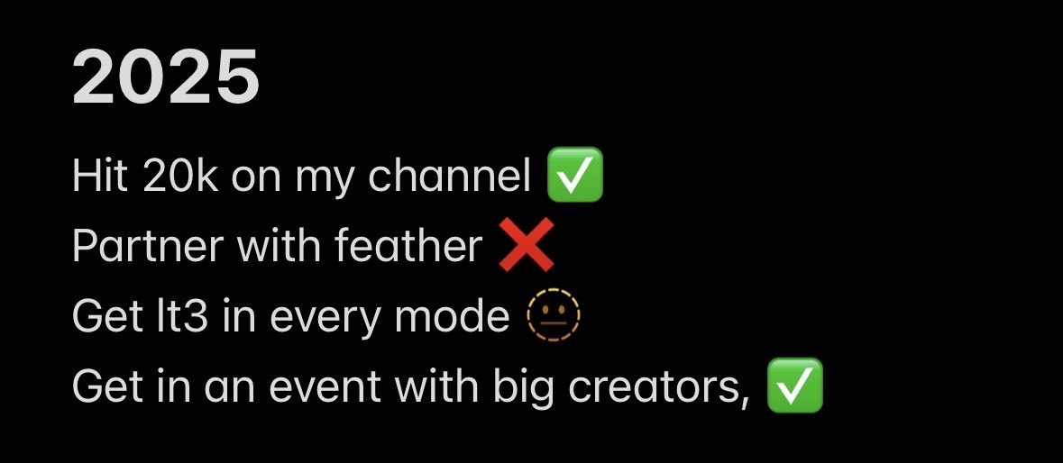 These were my goals for 2025

Although I could not hit all of them I am very happy that I was able to accomplish 2 of them, I will now start to make my 2026 goals