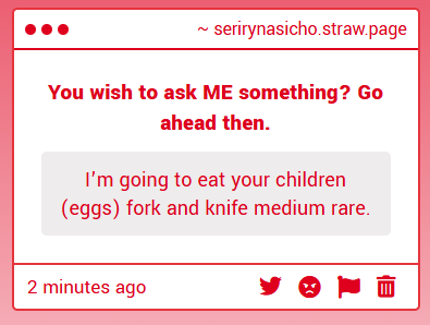 RynSpawns's tweet photo. I don't have kids?? What?? And if I did have them.. they wouldn't be eggs... #AskSeriryn https://t.co/3fCqdHxz20