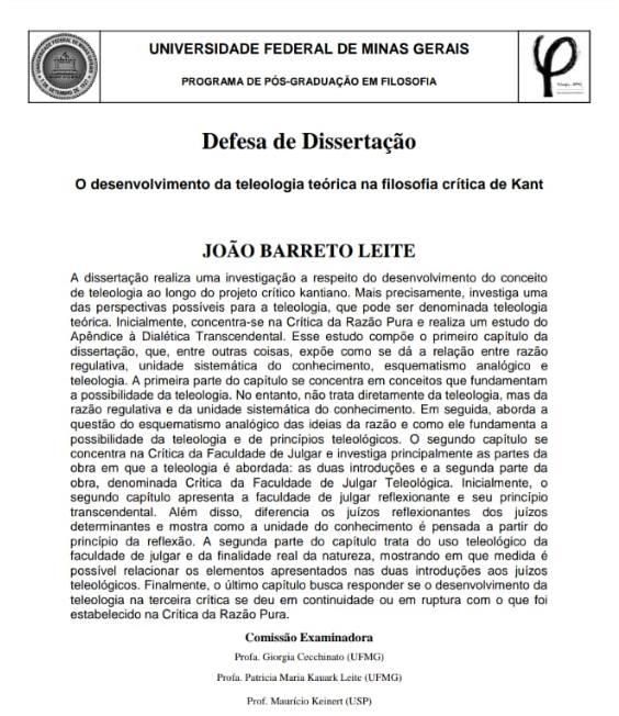 Defesa da Dissertação de Mestrado
O desenvolvimento da teleologia teórica na filosofia crítica de Kant
João Barreto Leite
15 de dezembro às 15hs. Vai ser presencial e transmitido online. Quem tiver interesse eu passo os dados no inbox.