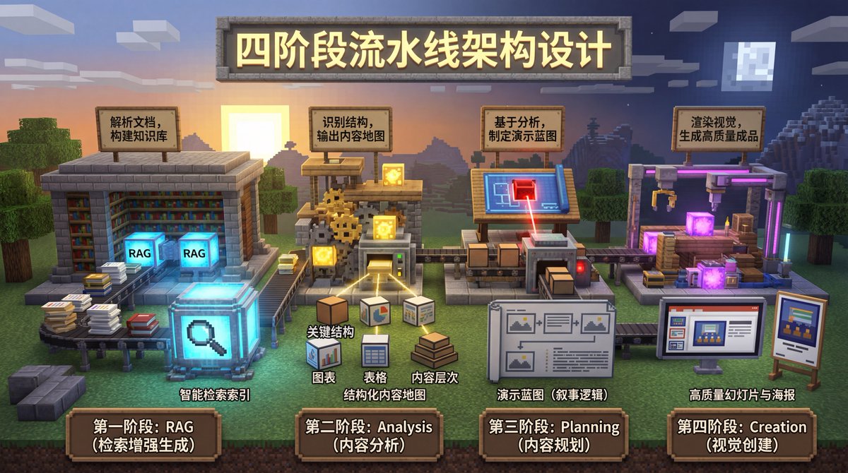 香港大學數據科學實驗室開源的論文/報告轉幻燈片方案很好

最吸引我的是：

專案團隊發現，情緒關鍵字（如"溫暖"、"優雅"、"活潑"）對整體色調有很大影響；

佈局指令能很好地落地，但細粒度的元素樣式控制效果不佳；

簡單提示詞通常優於詳細