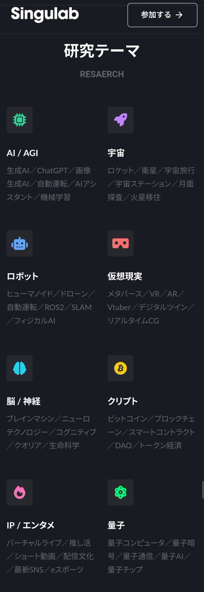 佐藤航陽さんのシンギュラリティ研究コミュニティ Singulab（シンギュラボ）に参加してみます。
思った以上に研究テーマが幅広く驚きました。
いまから楽しみ。

研究テーマ
▼AI / AGI
生成AI／ChatGPT／画像生成AI／自動運転／AIアシスタント／機械学習
▼宇宙