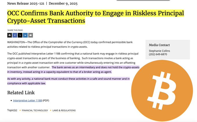 techconcatalina's tweet image. 🔥BOMBAZO🔥

🧨La Oficina del Contralor de la Moneda de EE.UU (otra entidad que regula al sistema bancario) afirma que los BANCOS ahora pueden actuar como intermediarios para las transacciones de #Bitcoin y las  #criptomonedas