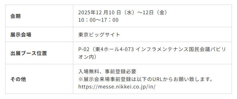 【お知らせ】

本日12/10(水)～12/12(金)、東京ビッグサイトで開催される『社会インフラテック2025 第8回インフラ維持管理・老朽化対策総合展』に出展します（入場無料）。

本日13時より弊社がセミナー登壇いたします！

皆様のご来場を心よりお待ちしております。

詳細☟
geosearch.co.jp/2025/11/messe-…