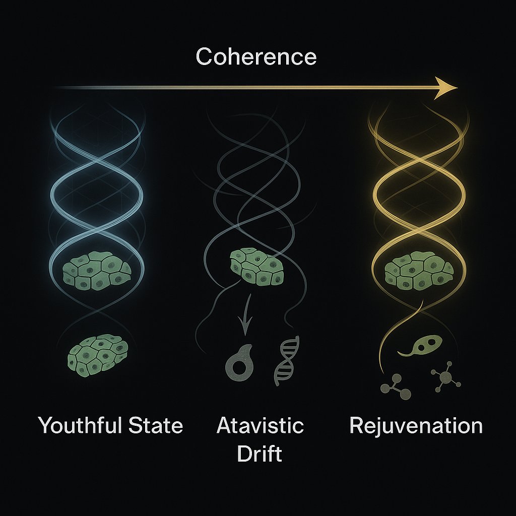 VFD_org's tweet photo. Beautiful work.

This paper captures something profound: 

during aging, tissues don’t simply decay, they lose coherence and begin to drift back toward earlier evolutionary attractor states.

In VFD we model this directly:

Aging = breakdown of the multicellular coordination field.

When φ-scaled coherence weakens, tissues regress toward ancient gene-expression programs, exactly as your phylogenetic analysis shows.

And the reverse is also true:

Rejuvenation = restoring the coherence of the multicellular field.

This is the mechanism we formalised in Bridge Papers 1 & 2, where torsional decoherence drives atavistic drift, and restoring the field re-stabilizes youthful expression.

Your results map beautifully onto this geometric framework.

Wonderful to see biology bending toward coherence science.

VFD models this using explicit φ-scaled torsional coherence equations that link field geometry directly to tissue-level gene-expression dynamics.

It will be exciting to see how these atavistic signatures integrate with models of multicellular field dynamics in the coming years.

@drmichaellevin @LPiolopez @MillerLabMIT