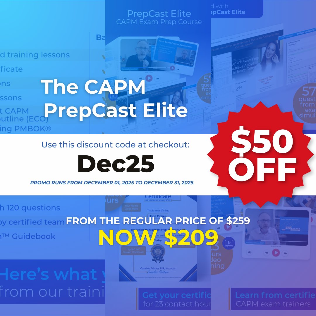 PMExamTips's tweet image. Make your resume pop with CAPM.
CAPM PrepCast™ Elite = 📚 Training + 🧪 Exam Simulator + 📍 Latest exam content.
🎯 $209 (Save $50!) | Code: Dec25 | Dec 1–31, 2025

store.project-management-prepcast.com/external/cart/…

#capmexamprep #capmtraining #capm #projectmanagement #pmprepcast