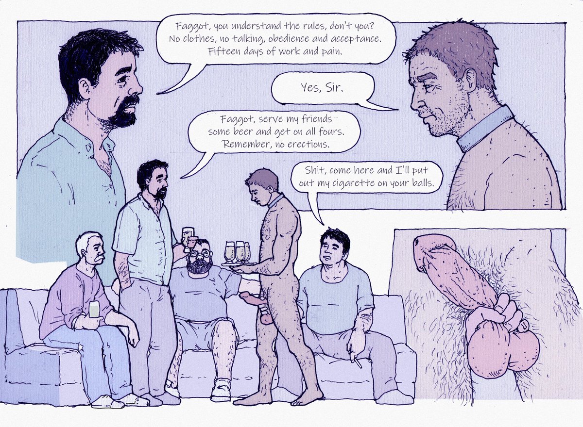 I found a group of sadistic guys looking for someone like me, a masochistic and submissive slut to use, abuse, and torture over a weekend. As soon as I got home, I striped and started obeying, accepting orders, whips, and being gang-raped with pleasure. bdsmmaledrawings.blogspot.com/2024/11/the-lo…