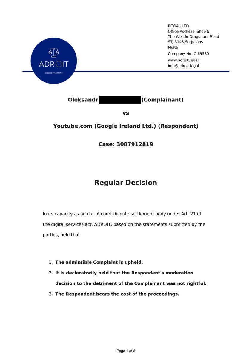 OlekChaseCar's tweet image. 🚨 Everyone told me a small creator can't legally beat YouTube.

I proved them wrong. WON the case. Got the official decision.

🤯 Turns out the REAL impossible part isn't winning.

It's getting YouTube to acknowledge you WON.

This story proves YouTube's system is designed to…