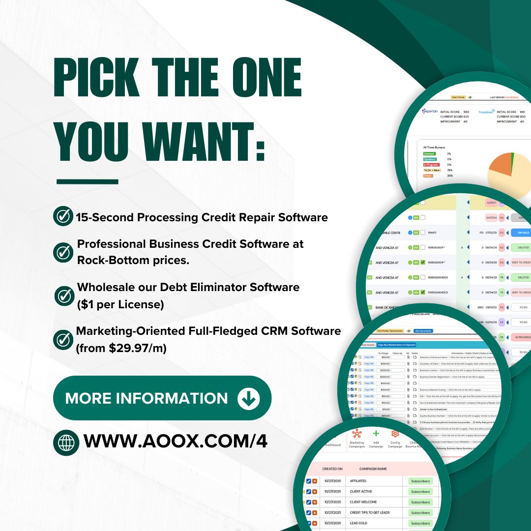 LMRINTL's tweet image. Grab the exact software you need!
⚡ Find out which one works for you at AOOX.COM/4

#BusinessValue #BusinessCreditSoftware #CreditRepairPros #CRMSoftware #DebtEliminatorWholesale #SmallBusinessSolutions #GrowthTools... vbt.io/lmr-internatio…