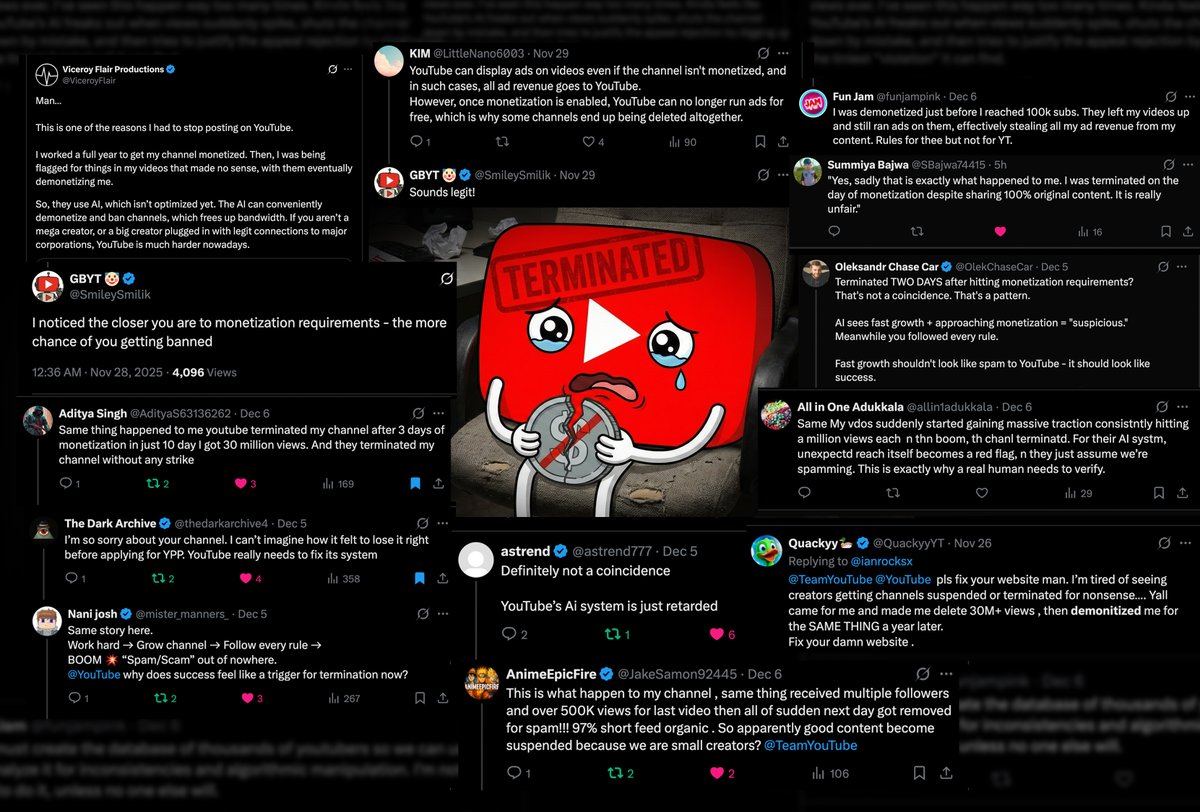 chloe_xozy's tweet image. 💔 Your success can disappear in 1 second on @YouTube.

Work hard → Rapid growth 📈 → Reach monetization → BOOM 💥 “Your channel is terminated for no reason.”

Right before my channel was deleted, it was growing faster than ever — 40,000 subscribers and exploded to 12M views…