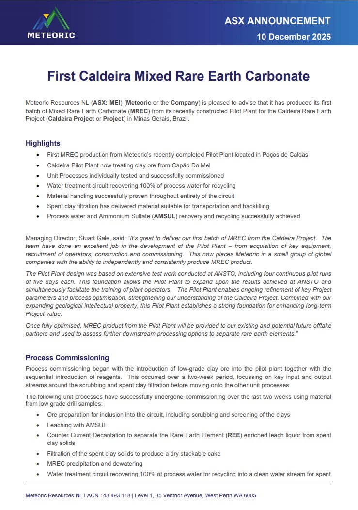 $MEI produces first Mixed Rare Earth Carbonate from the new Caldeira Pilot Plant. All processes commissioned &amp; performing well. Results will validate the flowsheet for the upcoming DFS and samples to go to existing and potential new offtake partners: bit.ly/490Fzwu