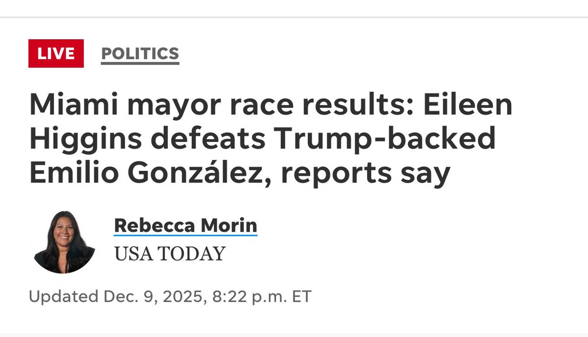 Rally_Virginia's tweet image. 🚨BREAKING🚨: In today’s ELECTION FOR MAYOR of MIAMI…..A DEMOCRAT WINS for the first time in nearly 30 years. 

Eileen Higgins (D) defeats Trump and DeSantis-endorsed Gonzalez (R) in tonight's election.