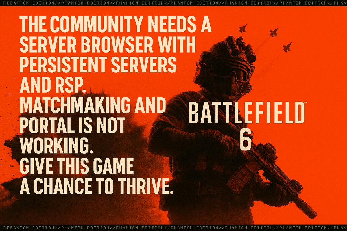 Once again, we’re calling on the <a href="/Battlefield/">Battlefield</a> community. 

We love this franchise, and that’s why we’re speaking up. We need our voices to be heard. 

#Battlefield6 cannot thrive without a true Server Browser, Persistent Servers, and RSP. Right now, Matchmaking and Portal simply