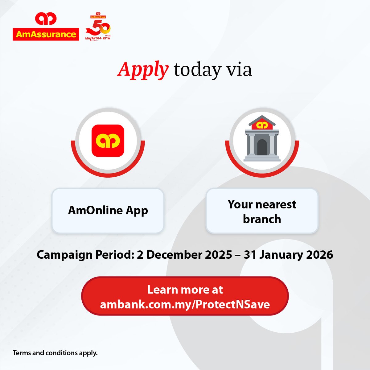 Ride with safety and enjoy up to 12% rebate in Cash or BonusLink Points when you purchase or renew your motor insurance with us!😎
Get a quote today via the AmOnline App or any AmBank branch near you.
Info at ambank.com.my/protectnsave
Terms and conditions apply.

#AmBank50