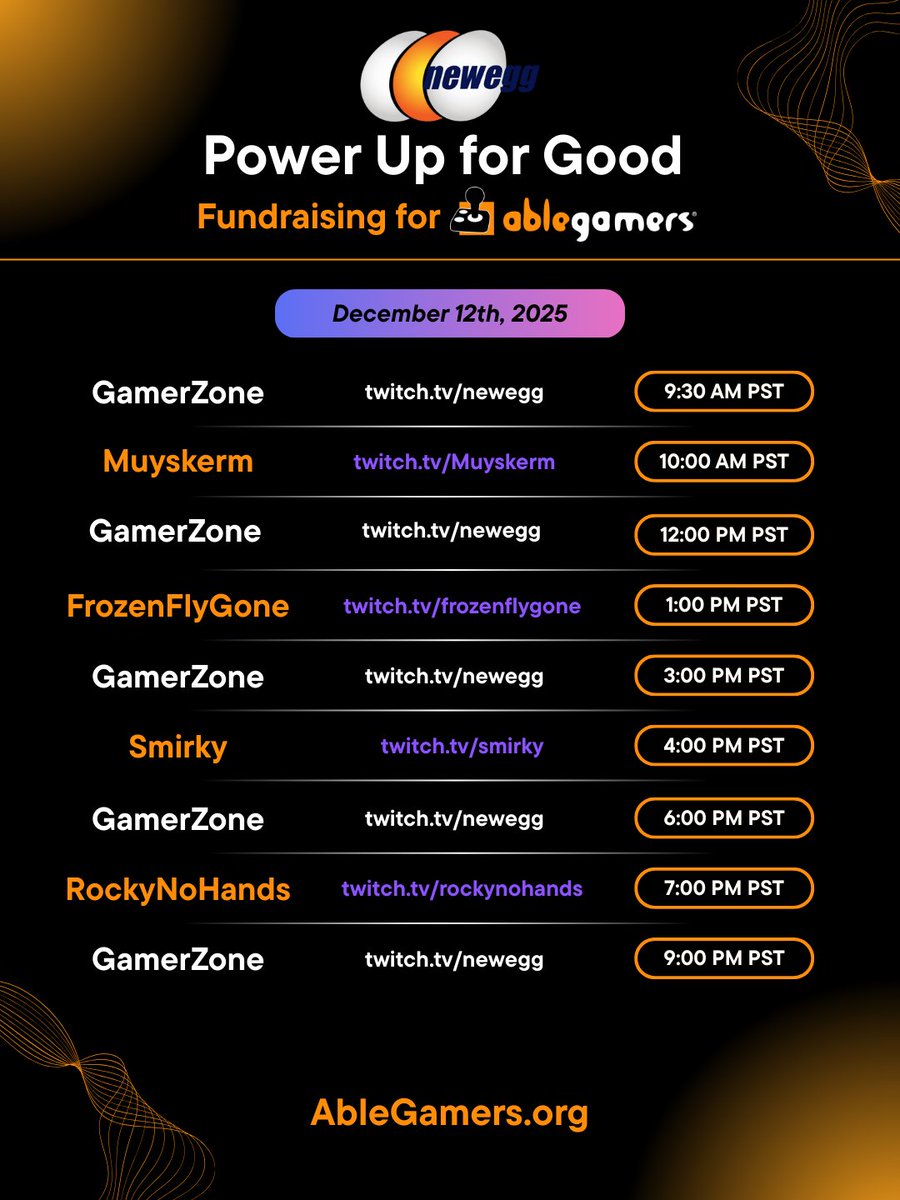 Come join us on December 12th for the NewEgg Power Up for Good Event! This fundraising Raid Train will be live on Twitch all day with AWESOME giveaways for each donation milestone we hit! 

Thanks to our partners: <a href="/Newegg/">Newegg</a> , <a href="/EastWestBank/">East West Bank</a>, and <a href="/LogitechG/">Logitech G</a>!

ablegamers.org/powerupforgood…