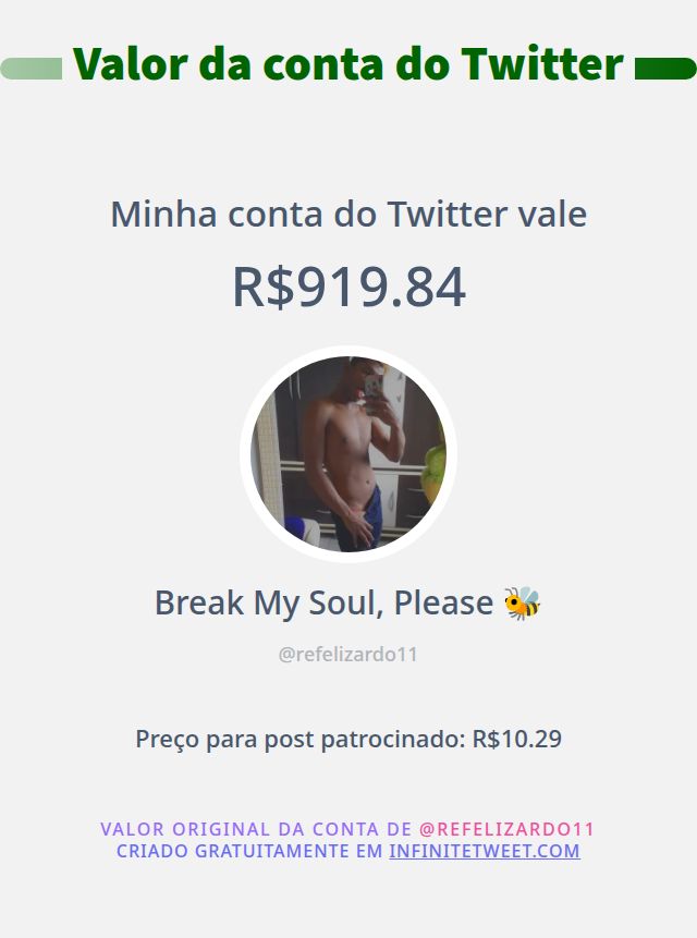 refelizardo11's tweet photo. Meu valor no Twitter é: R$919.84

➡️ https://t.co/x9IXkzxN8X https://t.co/Up04G0wkLM