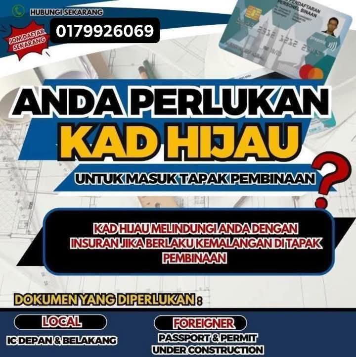 ‼️ 𝐃𝐀𝐅𝐓𝐀𝐑 𝐊𝐀𝐃 𝐇𝐈𝐉𝐀𝐔‼️

📌Kad hijau SANGAT PENTING sekiranya nak masuk ke tapak pembinaan

📌Mempunyai insurans yang melindungi pemilik sekiranya berlaku kemalangan di tapak pembinaan

wasap.my/60179926069/da…

#daftarkadhijau
#kadhijau
#kadhijaulesenkontraktor