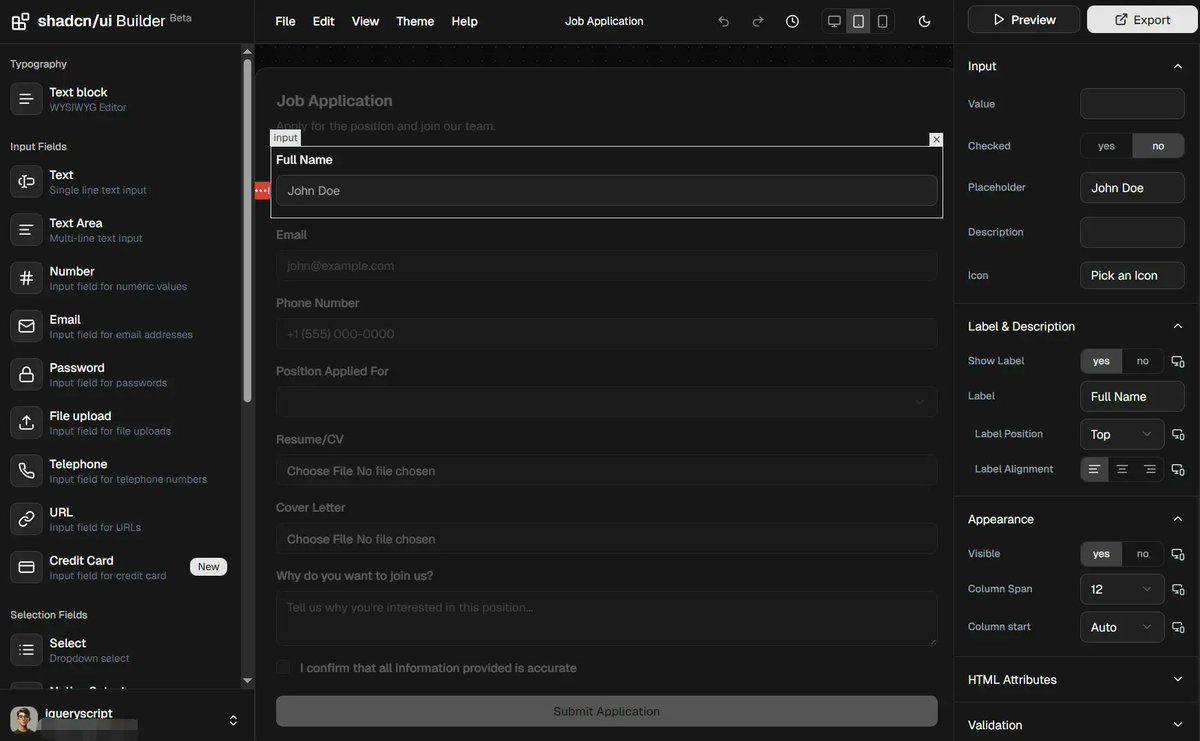 jqueryscript's tweet image. Shadcn Builder: A no-code form generator for your React apps 👇

next.jqueryscript.net/shadcn-ui/no-c…

You can drag and drop components to build the layout, then export clean code that already includes Zod validation and React Hook Form logic.