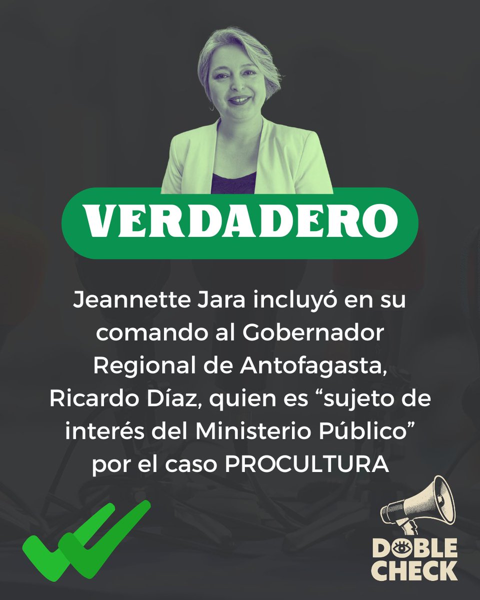 ✅VERDADERO✅

Jeannette Jara incluyó en su comando y en su franja electoral al Gobernador Ricardo Díaz, aún cuando es "sujeto de interés del Ministerio Público" en el caso PROCULTURA. 

#DobleCheck 
#DebateAnatel2025