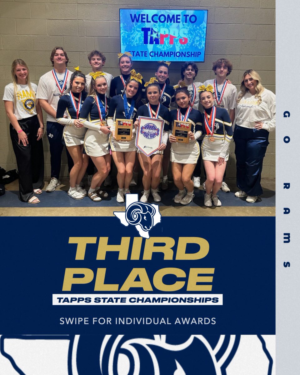 AllenRamCheer's tweet photo. A strong finish at State for Allen Academy Cheer! 📣💙

The team placed third overall, and several Rams earned state honors:

First Team All State: Edie South and Harper Light
Second Team All State: Kelly Morgan
Honorable Mention: Andrea Miranda

Proud of this team! https://t.co/YfBY5l4gcu
