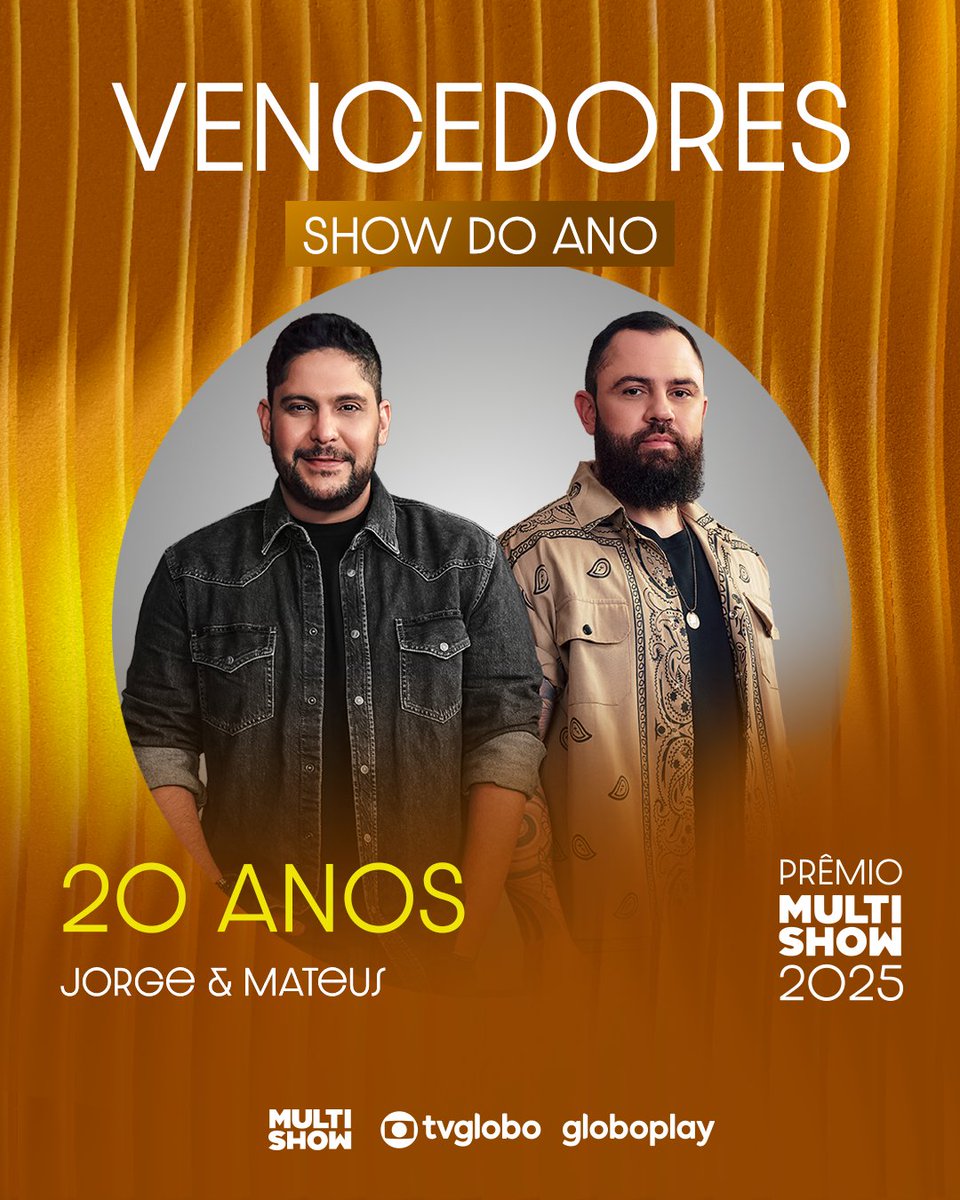 Um espetáculo que fez história e chegou até aqui 🤩 ‘20 anos’, de <a href="/jorgeemateus/">Jorge & Mateus</a>, vence o #PrêmioMultishow na categoria Show do Ano 🎵