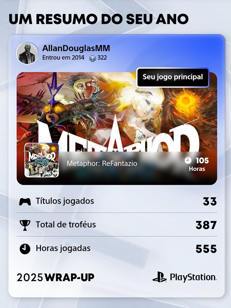#PlayStationWrapUp2025 #PS5

Esse ano acabei jogando menos, e jogos mais curtos 😌

Fora o Digimon, sinto q 2025 tiveram menos jogos q são minhas cara, mas ainda sim foi um ano muito bom 🥰

Não vejo a hora de ver as surpresas q temos pra 2026 🥰