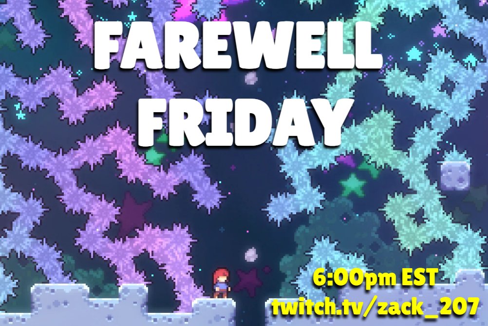 Recently I have been playing Celeste, it's my first casual playthrough. I just finished 100% (not including goldens) for Chapters 1-8. So now there's just one thing left...

This Friday I'll be streaming Farewell until I beat it.

Hope to see you there, I'm looking forward to it!