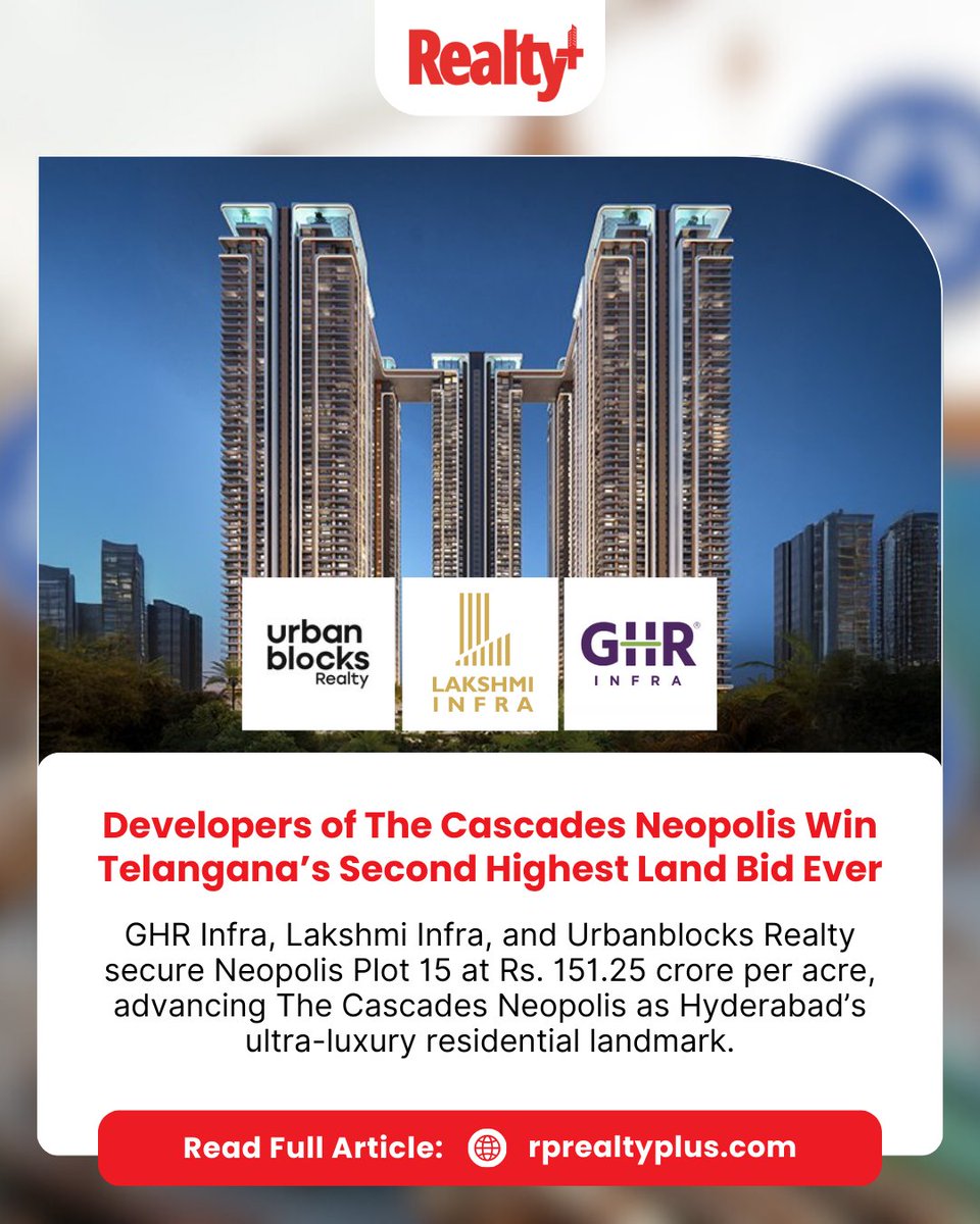 RPRealtyPlus's tweet photo. GHR Infra, Lakshmi Infra &amp; @UrbanblocksR clinch Neopolis Plot 15 at a record-breaking ₹151.25 crore per acre - Telangana’s second-highest land bid ever.

Read more: https://t.co/cXyK9VAUDb

#Neopolis #HyderabadRealEstate #RecordBid #GHInfra #LakshmiInfra #UrbanblocksRealty https://t.co/P6OxDq6ZVb