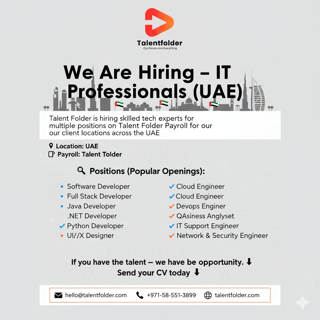 talent_folder's tweet image. HIRING NOW — IT POSITIONS | UAE

📍 UAE | Talent Folder Payroll

Open Roles:
Full Stack Dev | Java | Python | .NET | React | DevOps | AWS/Cloud | QA/Test | IT Support &amp;amp; More!

📩 hello@talentfolder.com
📞 +971-58-551-3899
#TalentFolderHiring #WorkInUAE #ITVacancies #TechCareers