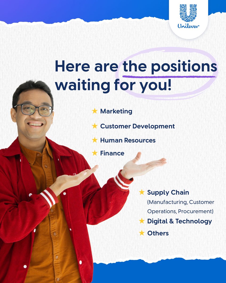 Unilever lagi buka program apprentice untuk 6 bulan.

Paid apprentice, dan deadline program 20 December besok. Posisinya ada Finance, Human Resources, Supply Chain, Digital &amp; Tech, Customer Development dan Marketing.

Daftarnya ke linktr.ee/UPLIFT2026H1