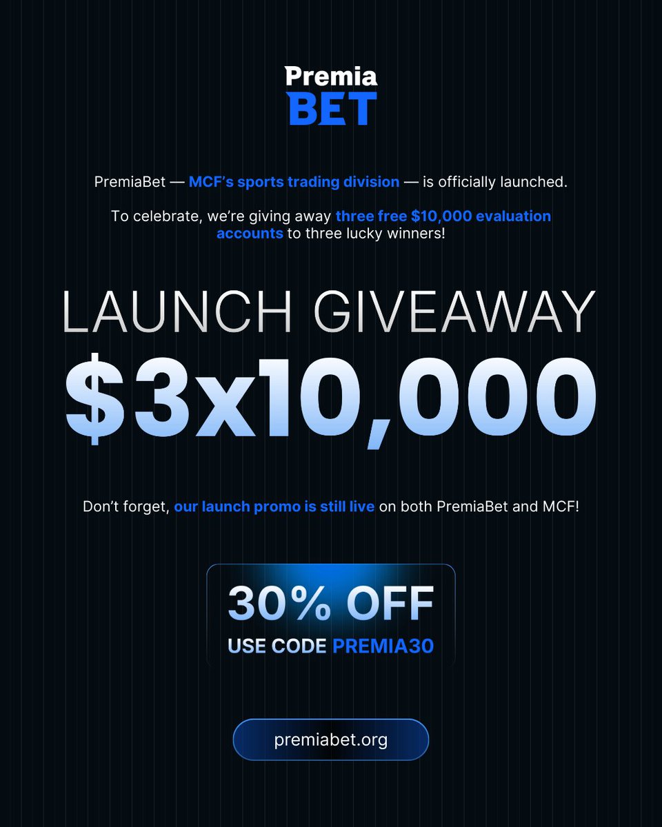 Celebrate our launch with a massive giveaway! 🚀
Win one of three $10k evaluation accounts and enter funded sports betting.

To enter:
1️⃣ Like and follow us <a href="/PremiaBet/">Premia Bet</a>
2️⃣ Retweet
3️⃣ Tag three sports traders

Winners revealed in one week. 🔥