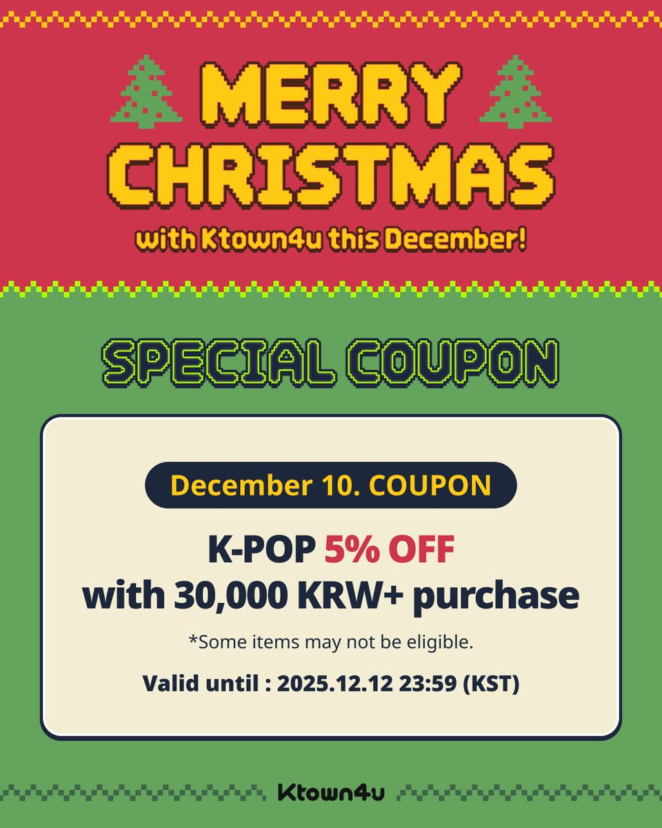 Ktown4u_com's tweet image. How was the Bias 2nd day? Hope you loved it☺️
Today is the COUPON Day!
 
Get your 'K-POP 5% OFF Coupon' and enjoy the year end❄️
🔗tinyurl.com/5f4frkfm

📅 ~ 2025.12.12 23:59 (KST)

#KDay
#Ktown4u #Ktown4u_event