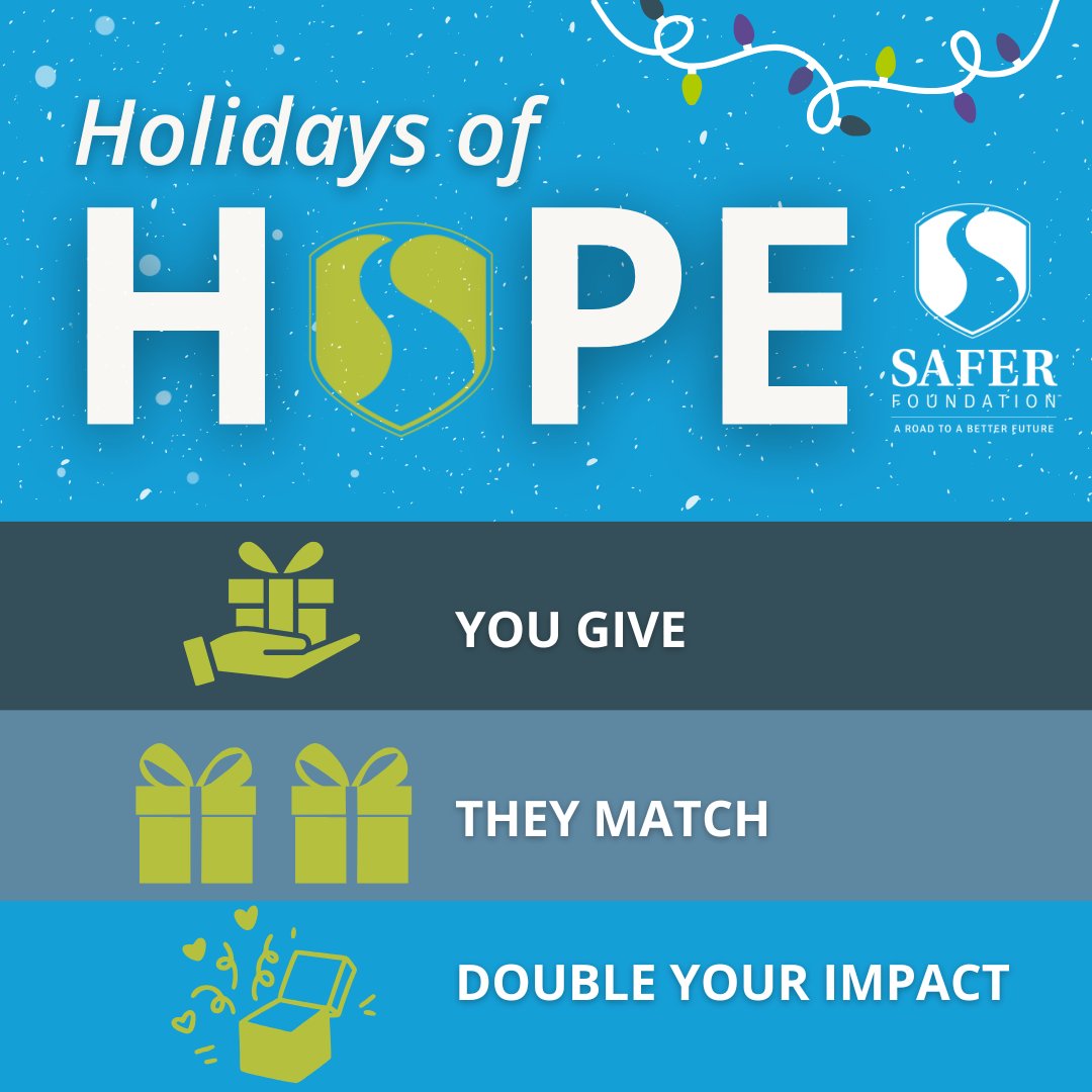 Double the Hope. 💛💛

All gifts to Holidays of Hope from now to Dec. 31st will be matched! Your support helps justice-impacted individuals access stability and opportunity. 

Give today: secure.givelively.org/donate/safer-f…