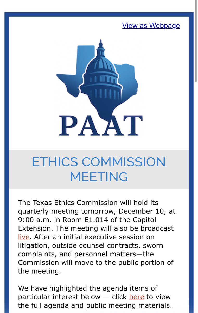 The Texas Ethics Commission meets tomorrow! We just sent out an email with agenda items of interest to the advocacy community. #compliance #txlege