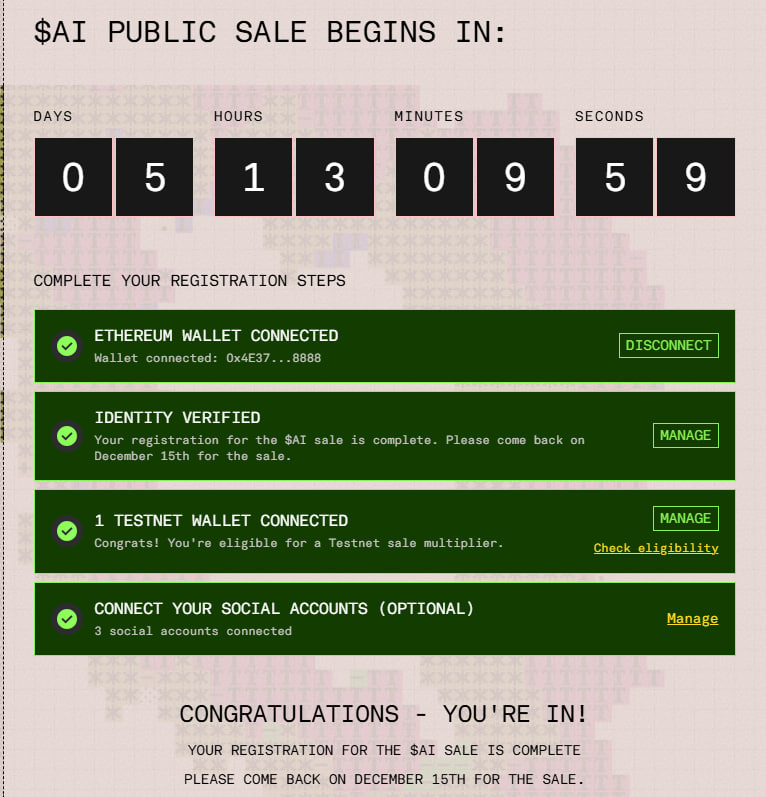 solotop999's tweet photo. Đăng kí tham gia Public Sale $AI dự án @gensynai nha ae

✅ Total  Supply: 10B
✅ Sale : 300M (3%)
✅ Mua bằng: USDC/USDT trên Ethereum
✅ Hình thức sale đấu giá, max $0.1/$AI tương đương FVD 1B (bằng vòng gọi vốn cuối cùng với A16Z)

Lịch trình Sale đây nha ae:
- Sale tại: https://t.co/Jr3mq19l9q
- 09/12: Mở đăng kí
- 15/12: Sale opens
- 20/12: Sale closes
- 25/12 : Xác định phân bổ; Refund
- 08/01/2026: Refund closes
- Early 02/2026: Token claims open

**Mua được khả năng cao là có lời nên ae đăng kí trước đi nha. Đợi có premarket rồi đánh giá thêm sau😆