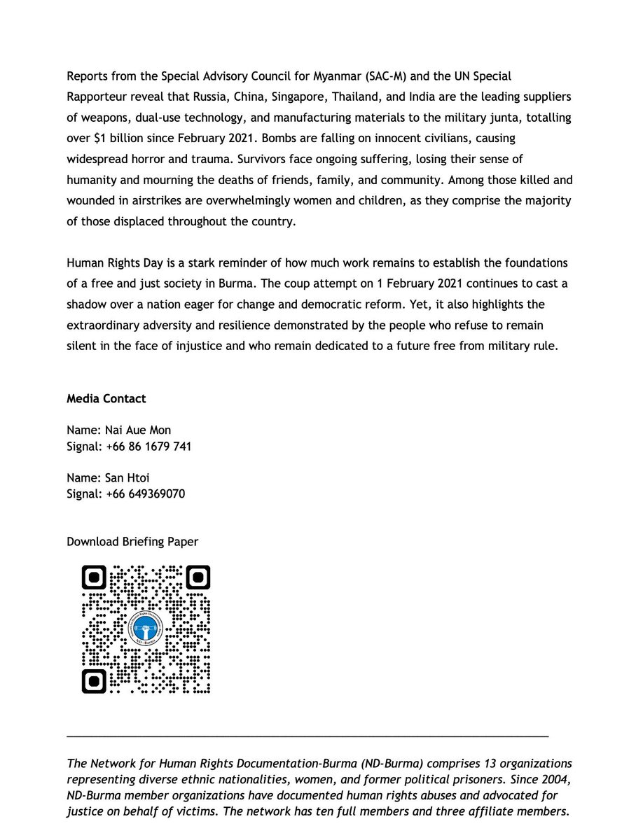 📢Today, ND-Burma releases its latest briefing, “No One Feels Safe,” on #HumanRightsDay, on airstrikes in Burma from July to October 2025. Aerial strikes remain a leading cause of death &amp; injury amid junta attacks.

👉PR: url-shortener.me/2N53
👉Briefer: url-shortener.me/2N56
