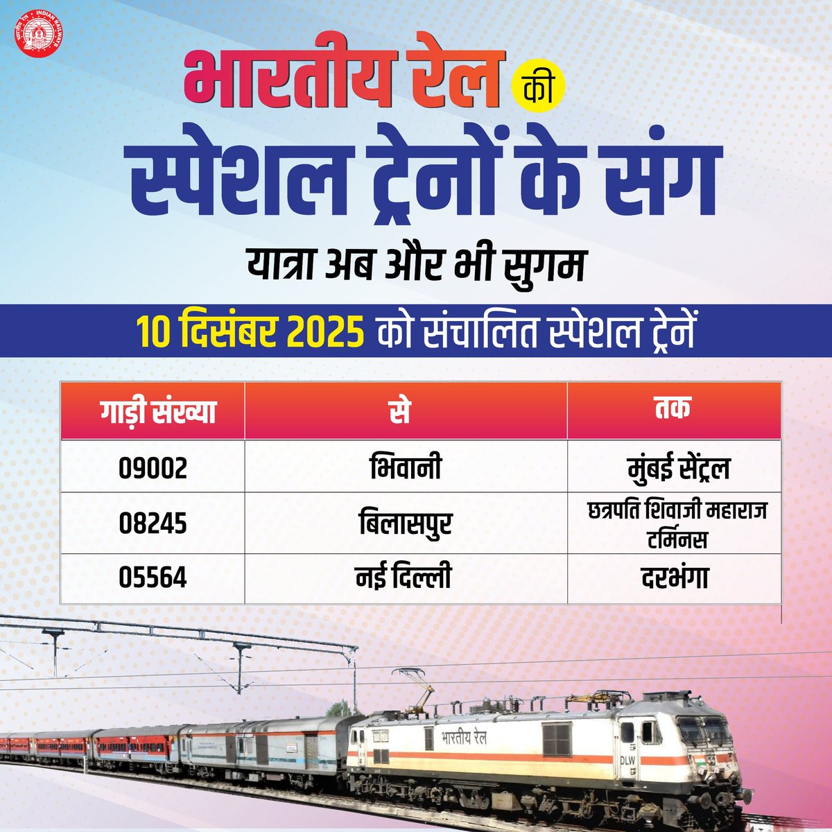 यात्रा को सहज और सुगम बना रही हैं भारतीय रेल की स्पेशल ट्रेनें।
#SpecialTrains
