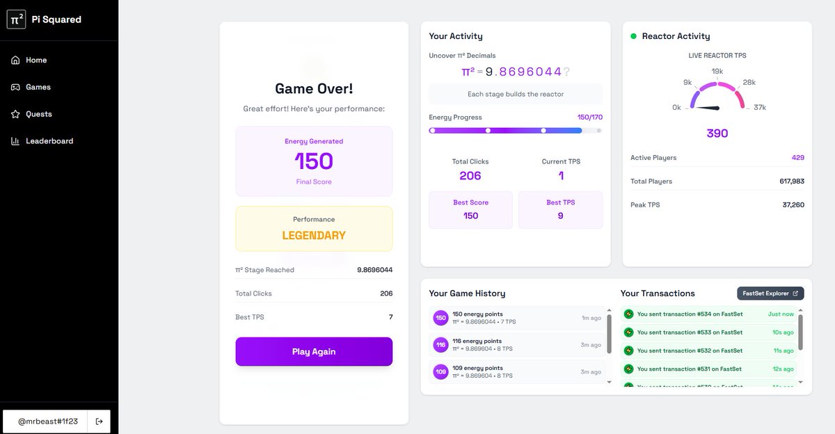x_mrbeast's tweet image. 🤩 Have you completed @PiSquared play to earn game experience today?
 
If not, visit portal.pi2.network and experience it now!

I did pretty well:

- PI squared reactor game: 150 Final score.
- Swarm Survivor:  75 PI .

I completed the quest easily and am ranked 115th, how