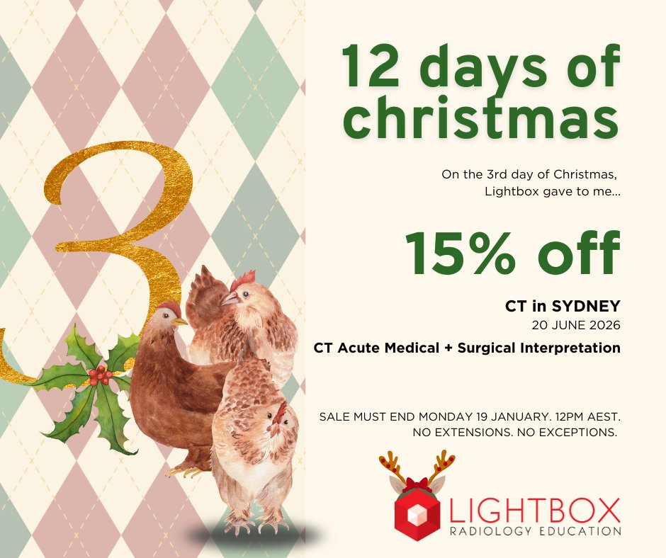 LightboxRad's tweet image. LIGHTBOX’S 12 DAYS OF CHRISTMAS
On the 3rd day of Christmas, Lightbox gave to me…
15% OFF CT in Sydney
20 June 2026

CT Acute Medical &amp;amp; Surgical Interpretation RRP $490 NOW AUD $416.50
bit.ly/2Zio2Oa