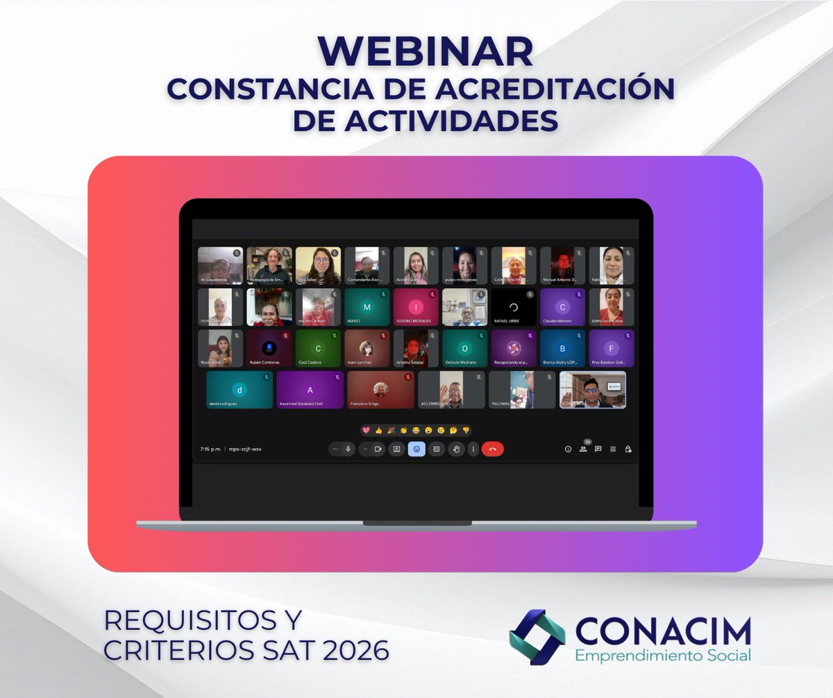 Esta tarde concluimos nuestro taller online: Constancia de Acreditación de Actividades, requisitos y criterios de validación SAT 2026.

Agradecemos a las organizaciones participantes. #CONACIM #ComunidadOSC